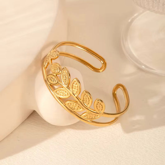 Golden Leaf Cuff Bracelet - Gold Finish