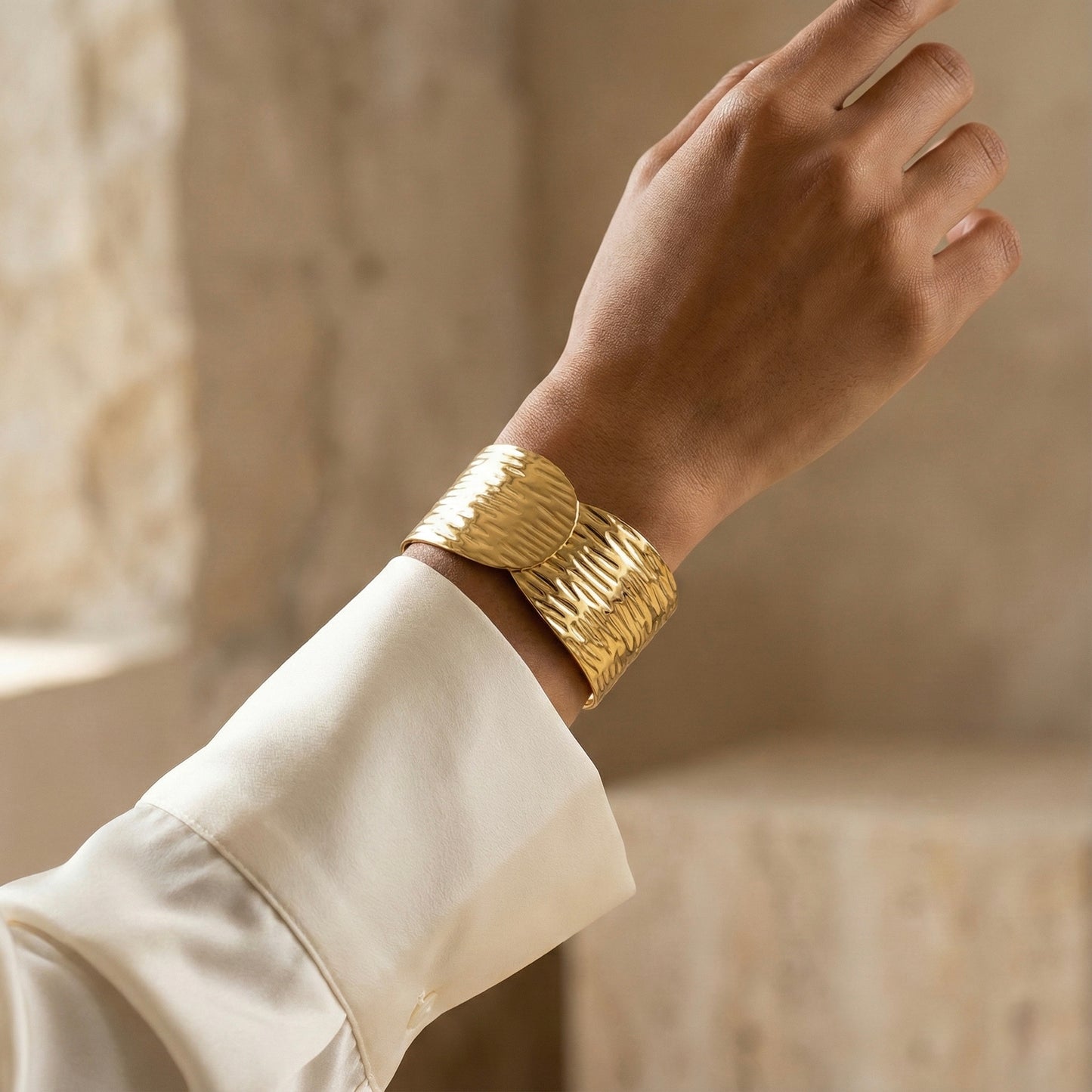 Wide Hammered Gold Statement Cuff Bracelet