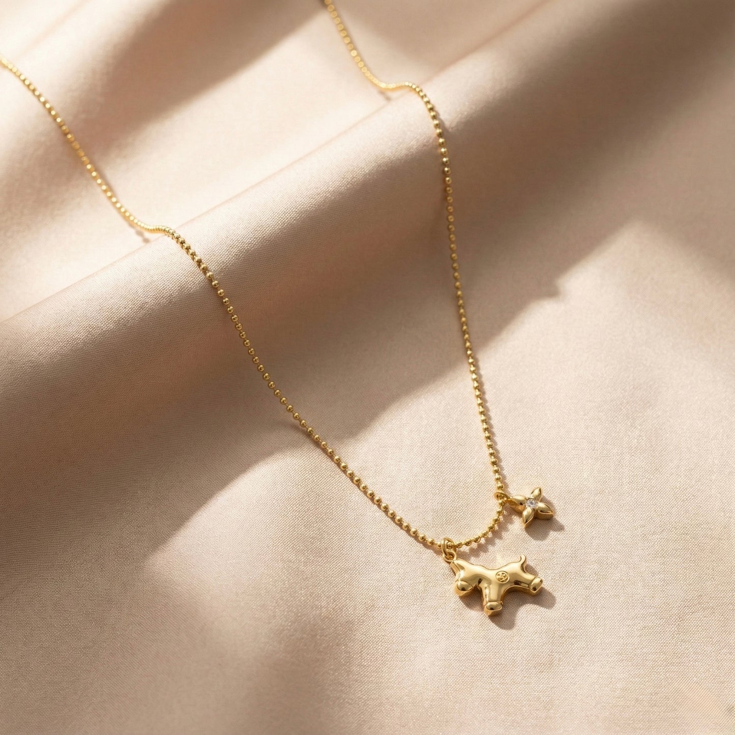 Golden Puppy & Bloom Charm Necklace – Stainless Steel Gold Plated