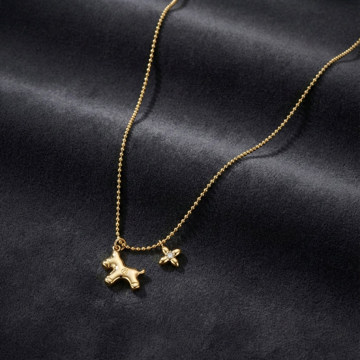 Golden Puppy & Bloom Charm Necklace – Stainless Steel Gold Plated