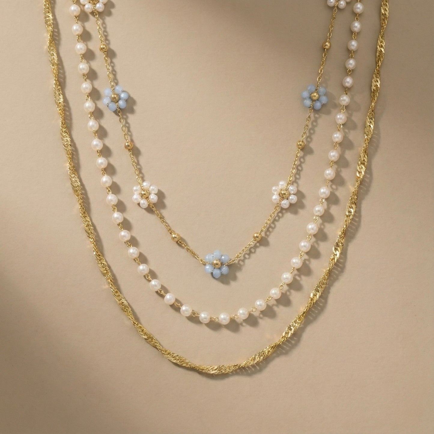 Golden Blossom Pearl Layered Necklace – Stainless Steel Gold Plated