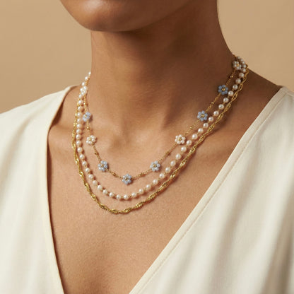 Golden Blossom Pearl Layered Necklace – Stainless Steel Gold Plated