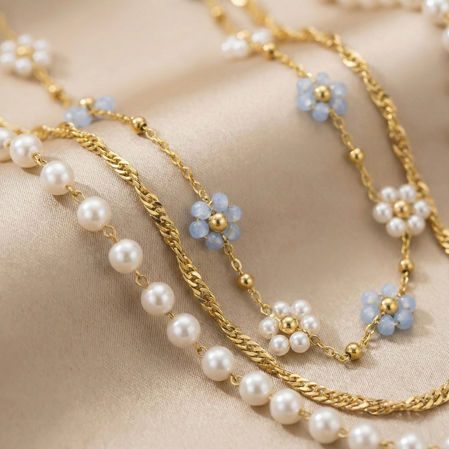 Golden Blossom Pearl Layered Necklace – Stainless Steel Gold Plated