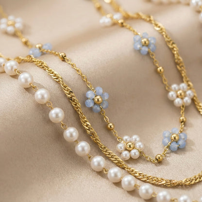 Golden Blossom Pearl Layered Necklace – Stainless Steel Gold Plated