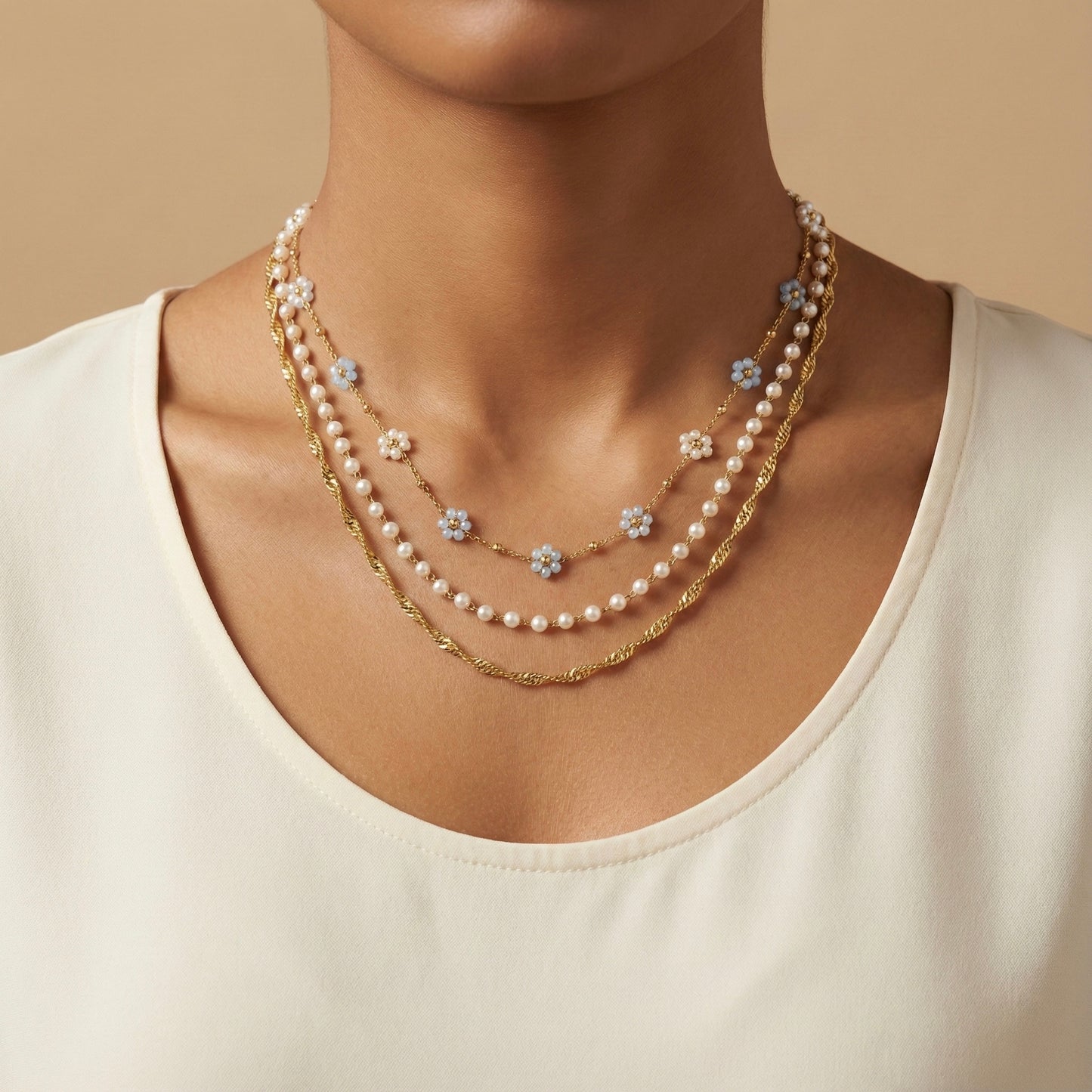 Golden Blossom Pearl Layered Necklace – Stainless Steel Gold Plated