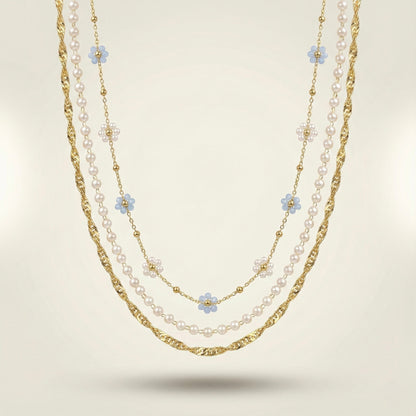 Golden Blossom Pearl Layered Necklace – Stainless Steel Gold Plated