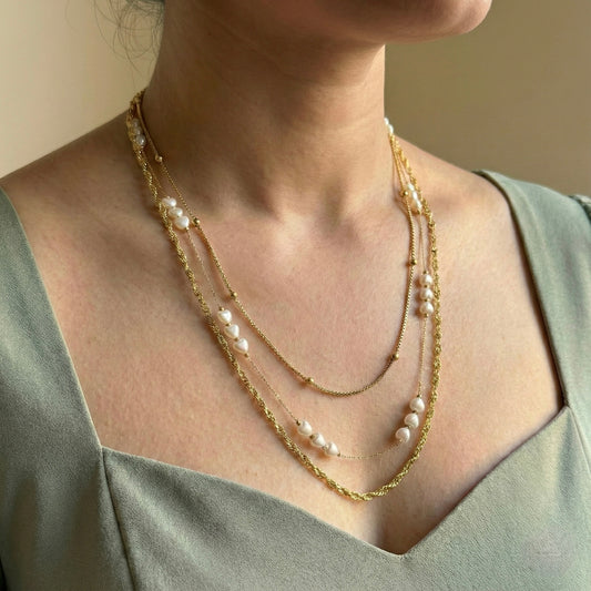 Golden Heart Pearl Cascade Layered Necklace – Stainless Steel Gold Plated