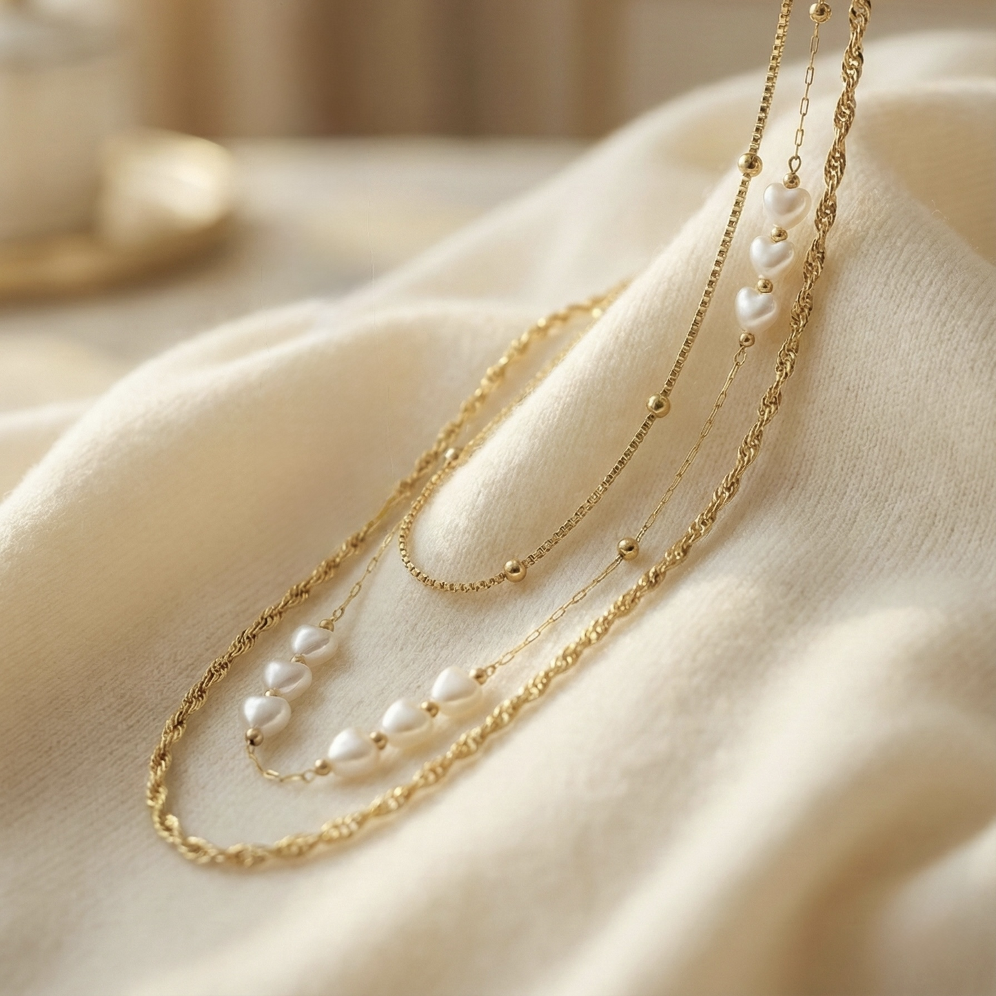 Golden Heart Pearl Cascade Layered Necklace – Stainless Steel Gold Plated