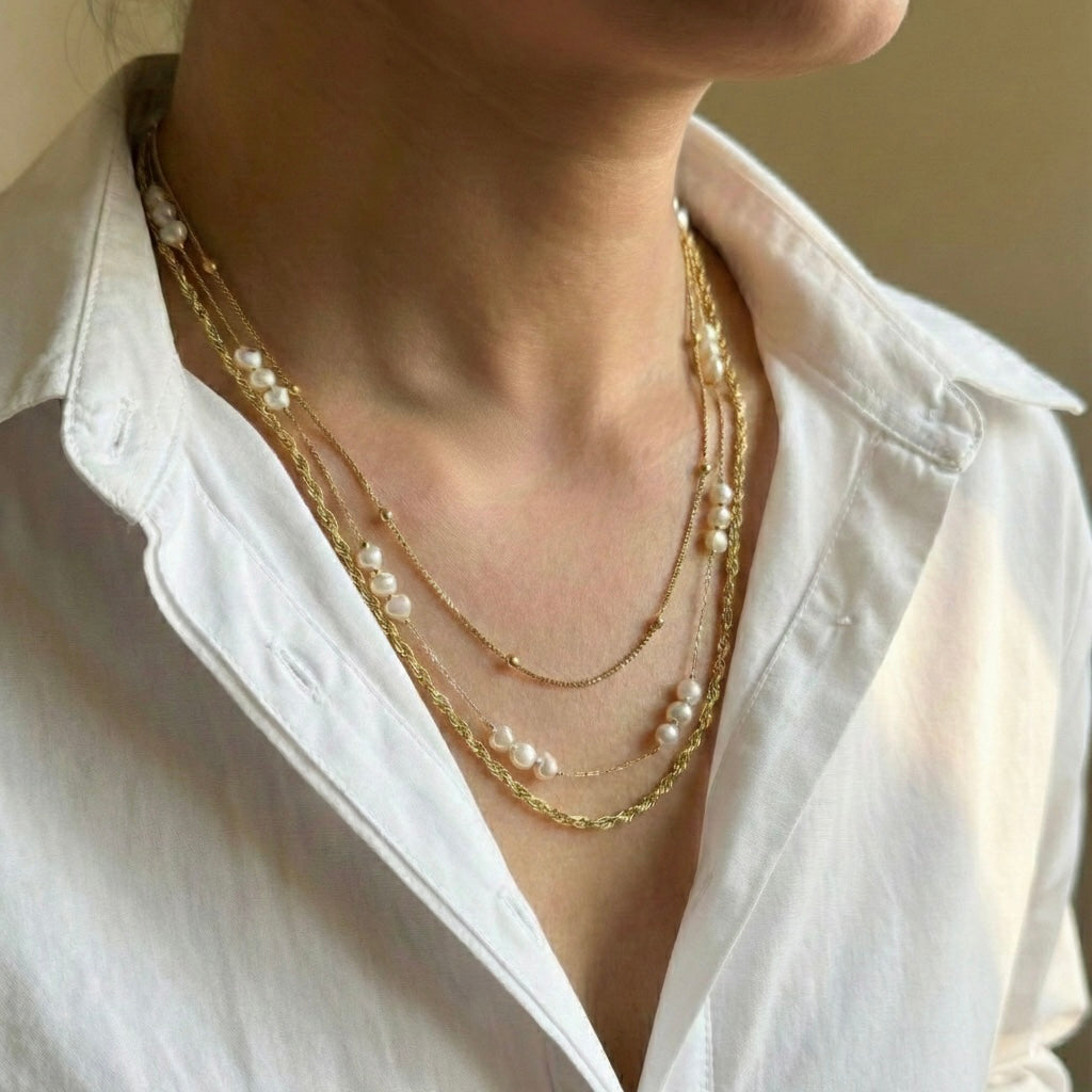 Golden Heart Pearl Cascade Layered Necklace – Stainless Steel Gold Plated