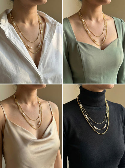 Golden Heart Pearl Cascade Layered Necklace – Stainless Steel Gold Plated