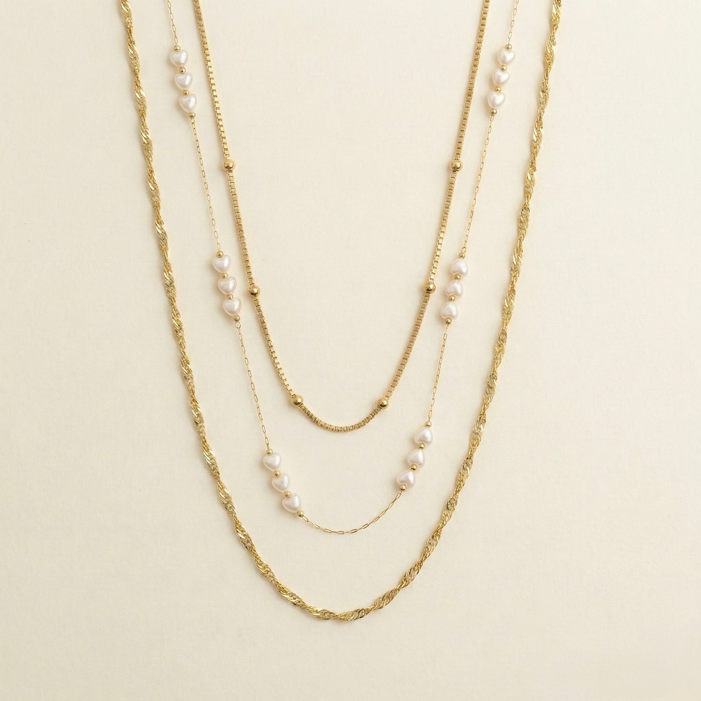 Golden Heart Pearl Cascade Layered Necklace – Stainless Steel Gold Plated