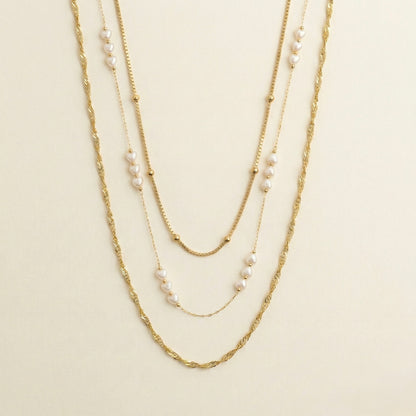Golden Heart Pearl Cascade Layered Necklace – Stainless Steel Gold Plated