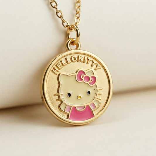 Cute Cartoon Kitty Coin Pendant Necklace – Gold Plated Stainless Steel