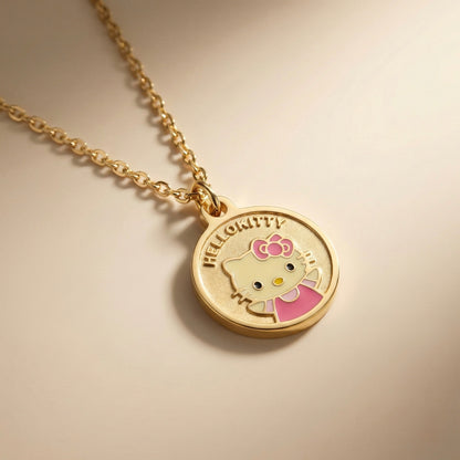 Cute Cartoon Kitty Coin Pendant Necklace – Gold Plated Stainless Steel