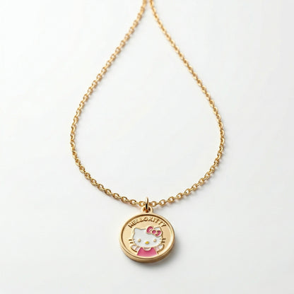 Cute Cartoon Kitty Coin Pendant Necklace – Gold Plated Stainless Steel