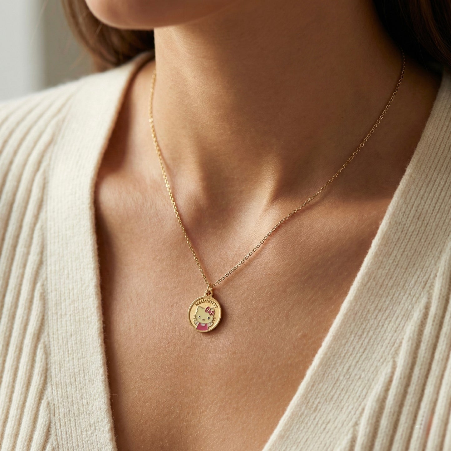 Cute Cartoon Kitty Coin Pendant Necklace – Gold Plated Stainless Steel