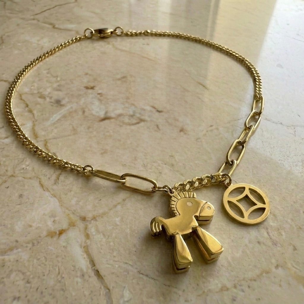 Gold Plated Horse Charm Necklace with Geometric Coin Pendant | Dual Charm Chain Necklace