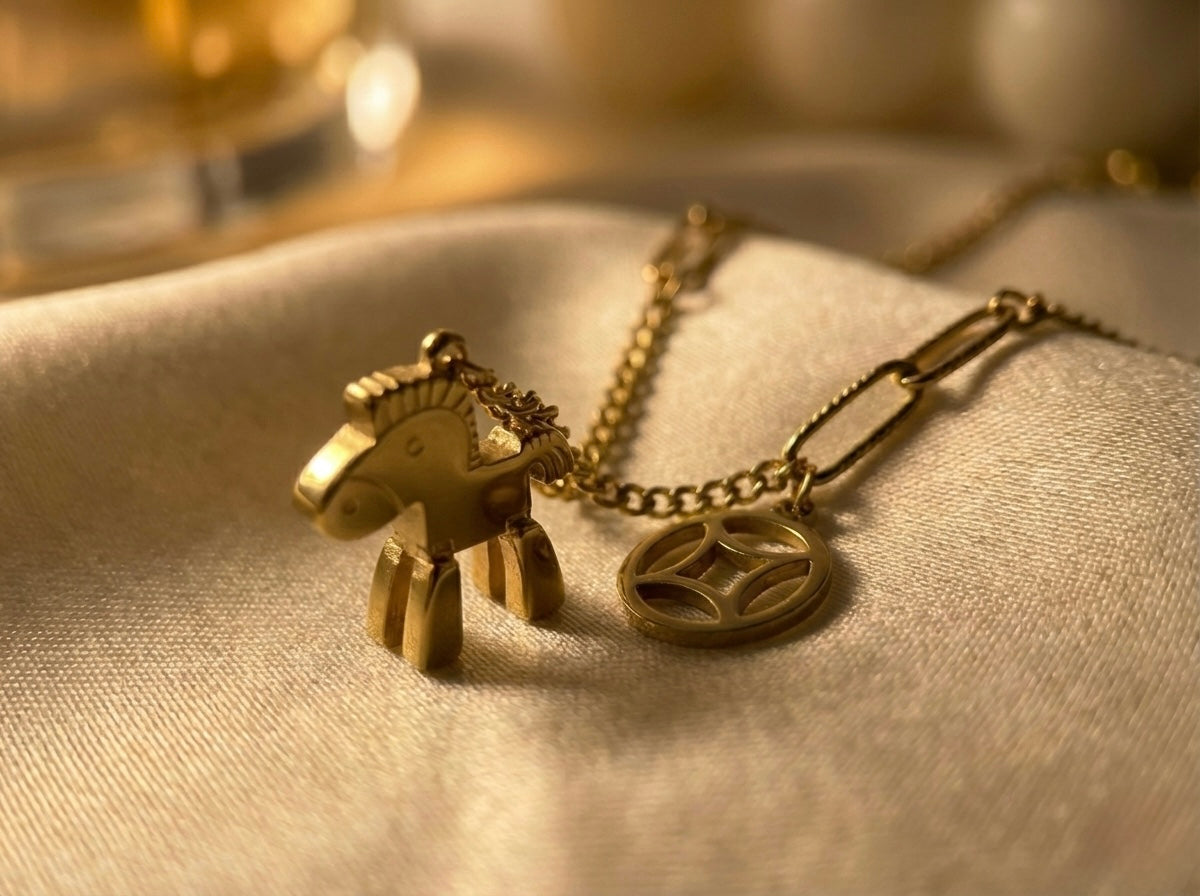 Gold Plated Horse Charm Necklace with Geometric Coin Pendant | Dual Charm Chain Necklace