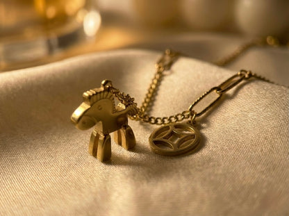 Gold Plated Horse Charm Necklace with Geometric Coin Pendant | Dual Charm Chain Necklace