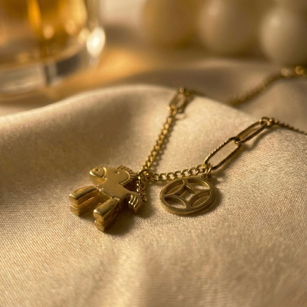 Gold Plated Horse Charm Necklace with Geometric Coin Pendant | Dual Charm Chain Necklace