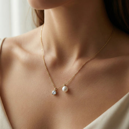 Pearl & Crystal Dual Pendant Gold Necklace – Champagne Gold | Myst Juels