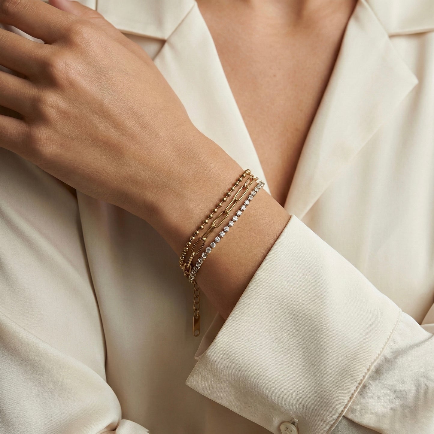 Triple Layer Crystal Chain Bracelet in Gold – Elegant Luxury | Myst Juels