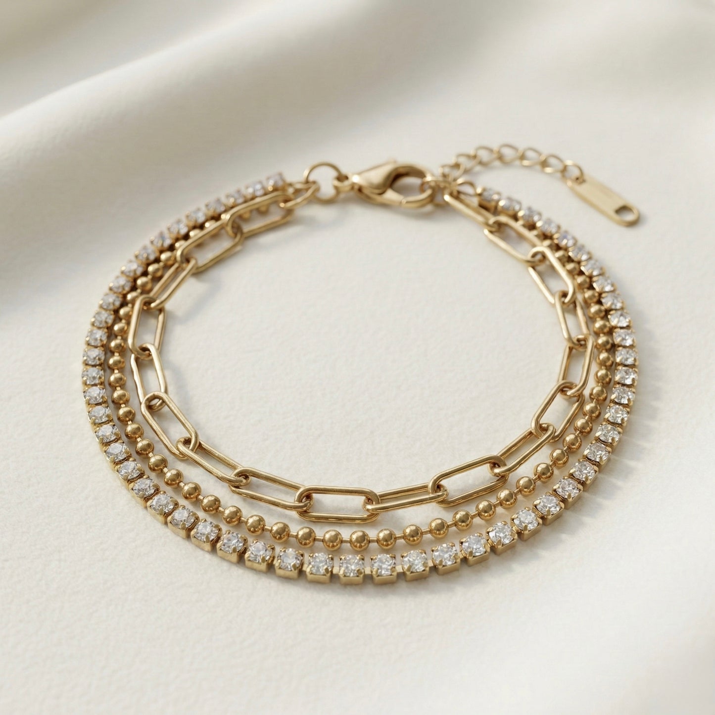 Triple Layer Crystal Chain Bracelet in Gold – Elegant Luxury | Myst Juels