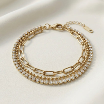 Triple Layer Crystal Chain Bracelet in Gold – Elegant Luxury | Myst Juels