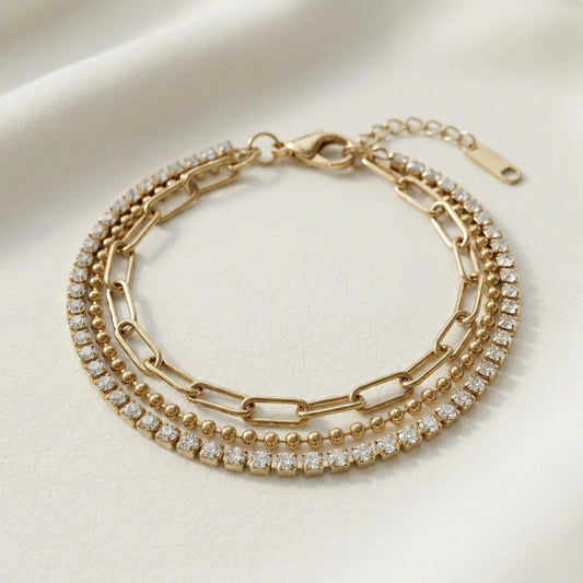 Triple Layer Crystal Chain Bracelet in Gold – Elegant Luxury | Myst Juels