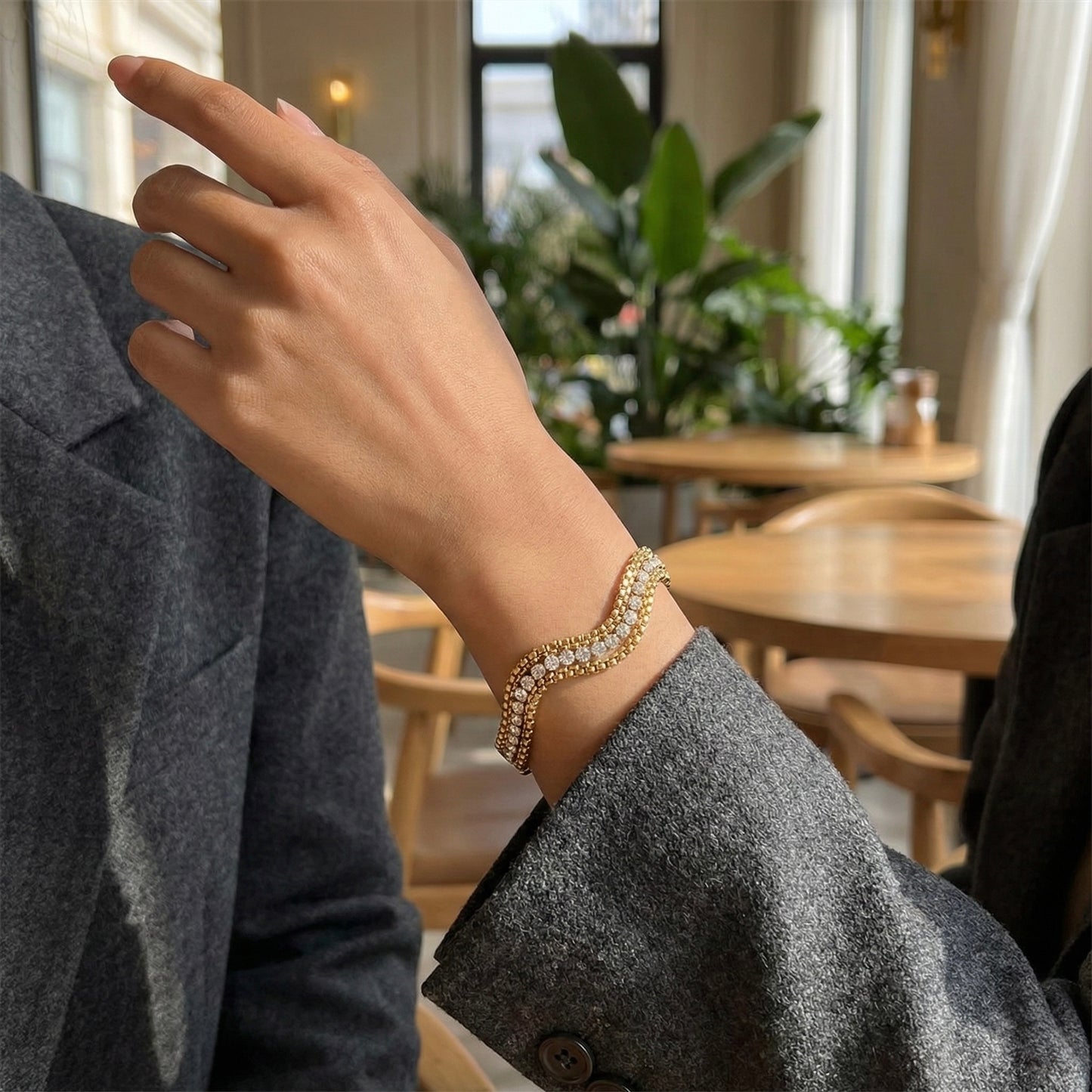 Wave Crystal Gold Bracelet – Luxury Stainless Steel Bracelet for Women | Myst Juels