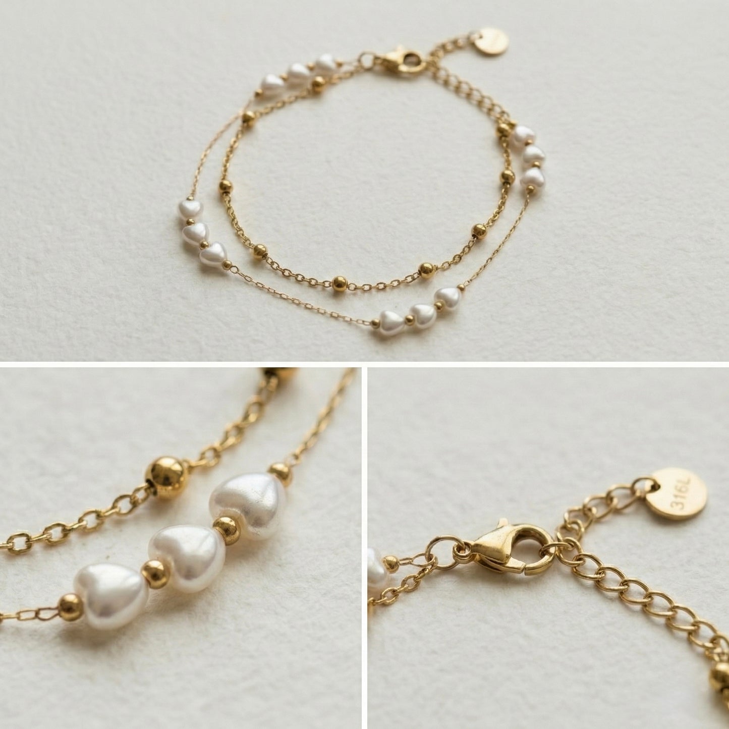 Minimal Heart Pearl Double Layer Gold Bracelet for Women