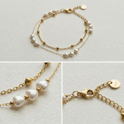 Minimal Heart Pearl Double Layer Gold Bracelet for Women