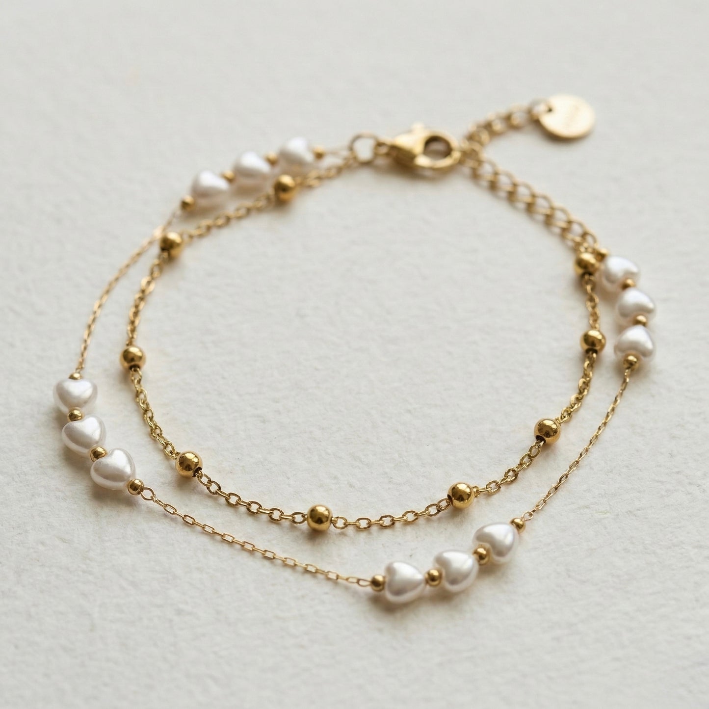 Minimal Heart Pearl Double Layer Gold Bracelet for Women