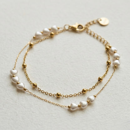 Minimal Heart Pearl Double Layer Gold Bracelet for Women