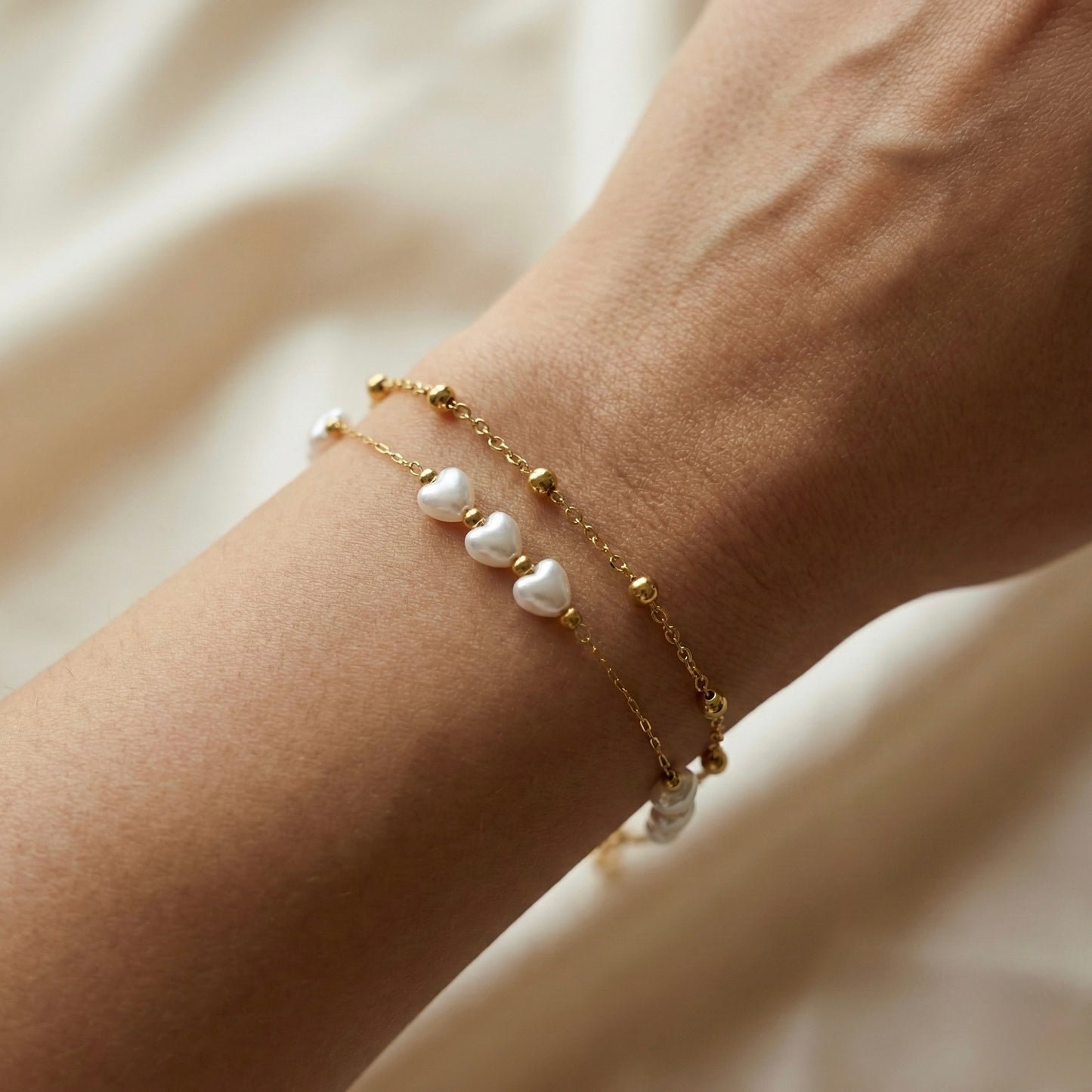 Minimal Heart Pearl Double Layer Gold Bracelet for Women