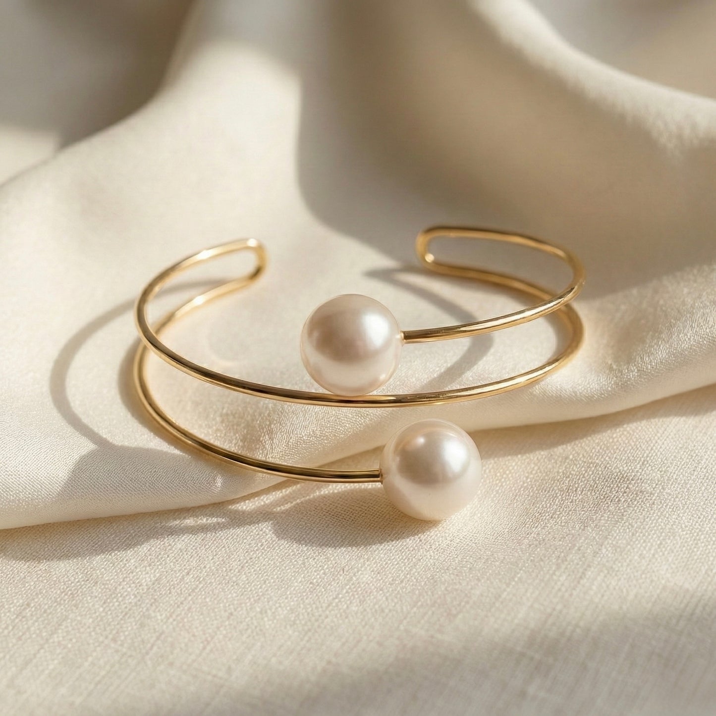 Double Pearl Open Cuff Bracelet in Gold – Elegant Luxury | Myst Juels