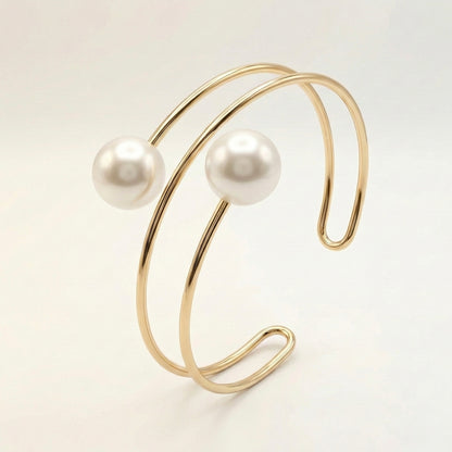 Double Pearl Open Cuff Bracelet in Gold – Elegant Luxury | Myst Juels