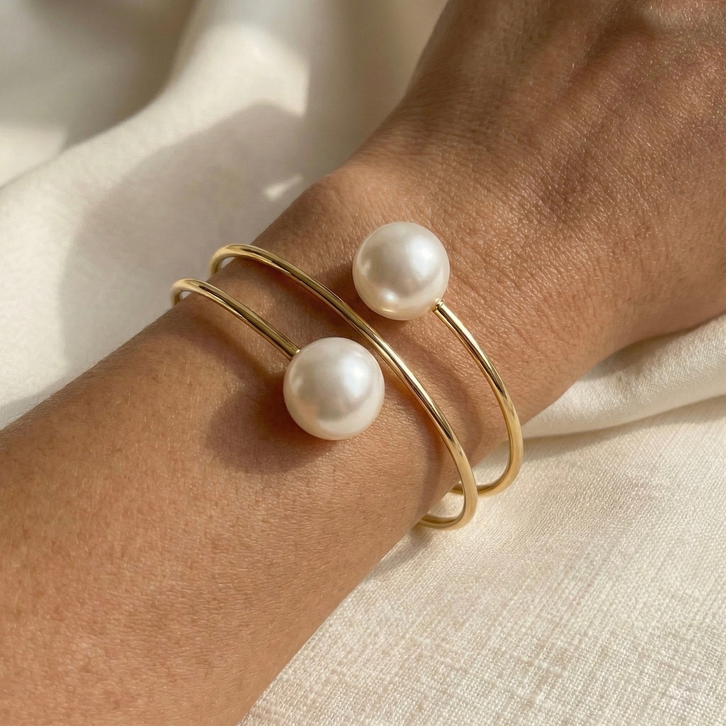 Double Pearl Open Cuff Bracelet in Gold – Elegant Luxury | Myst Juels