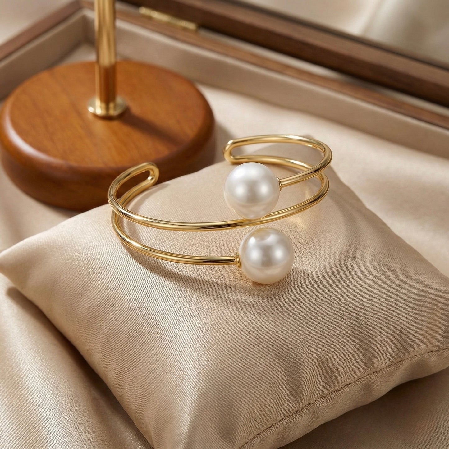 Double Pearl Open Cuff Bracelet in Gold – Elegant Luxury | Myst Juels
