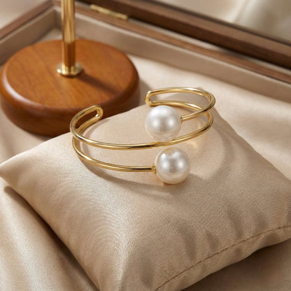 Double Pearl Open Cuff Bracelet in Gold – Elegant Luxury | Myst Juels