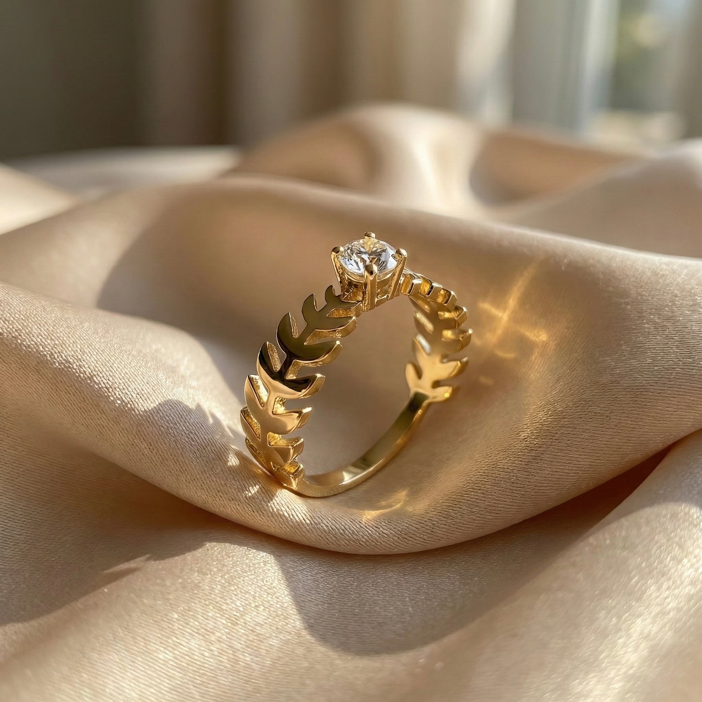 Leaf Design Solitaire Ring for Women – Gold PVD Luxury Stainless Steel Ring | Myst Juels