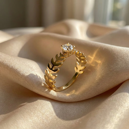 Leaf Design Solitaire Ring for Women – Gold PVD Luxury Stainless Steel Ring | Myst Juels
