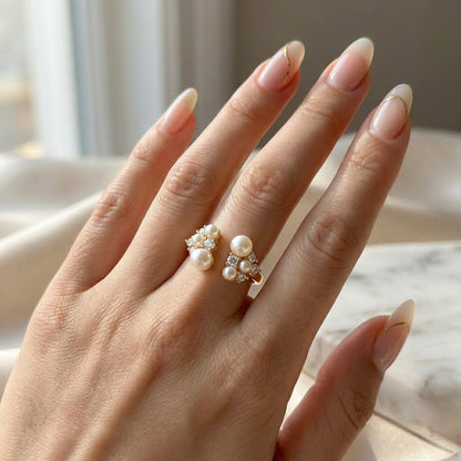 Seraphine Pearl Crown Ring – Gold PVD Pearl Cluster Adjustable Ring for Women