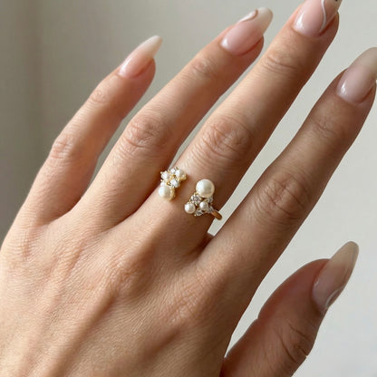 Seraphine Pearl Crown Ring – Gold PVD Pearl Cluster Adjustable Ring for Women