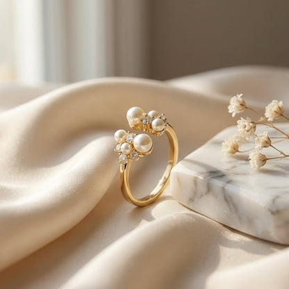 Seraphine Pearl Crown Ring – Gold PVD Pearl Cluster Adjustable Ring for Women