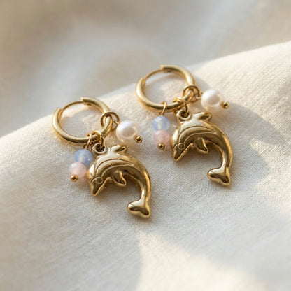Golden Dolphin Charm Hoop Earrings with Pearl & Pastel Beads