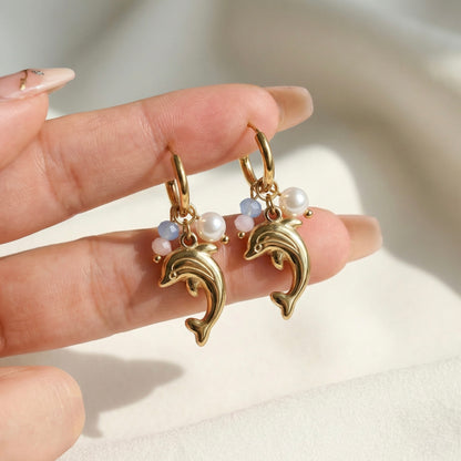 Golden Dolphin Charm Hoop Earrings with Pearl & Pastel Beads
