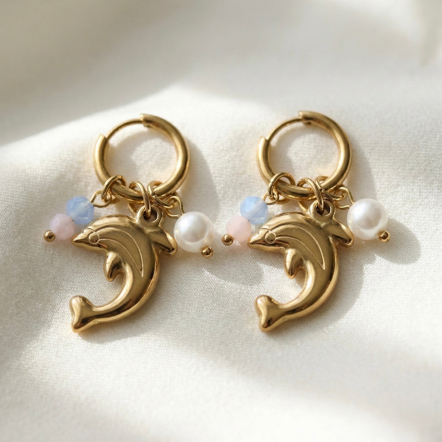 Golden Dolphin Charm Hoop Earrings with Pearl & Pastel Beads