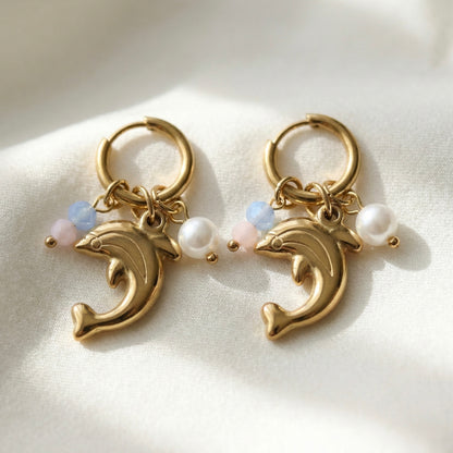 Golden Dolphin Charm Hoop Earrings with Pearl & Pastel Beads