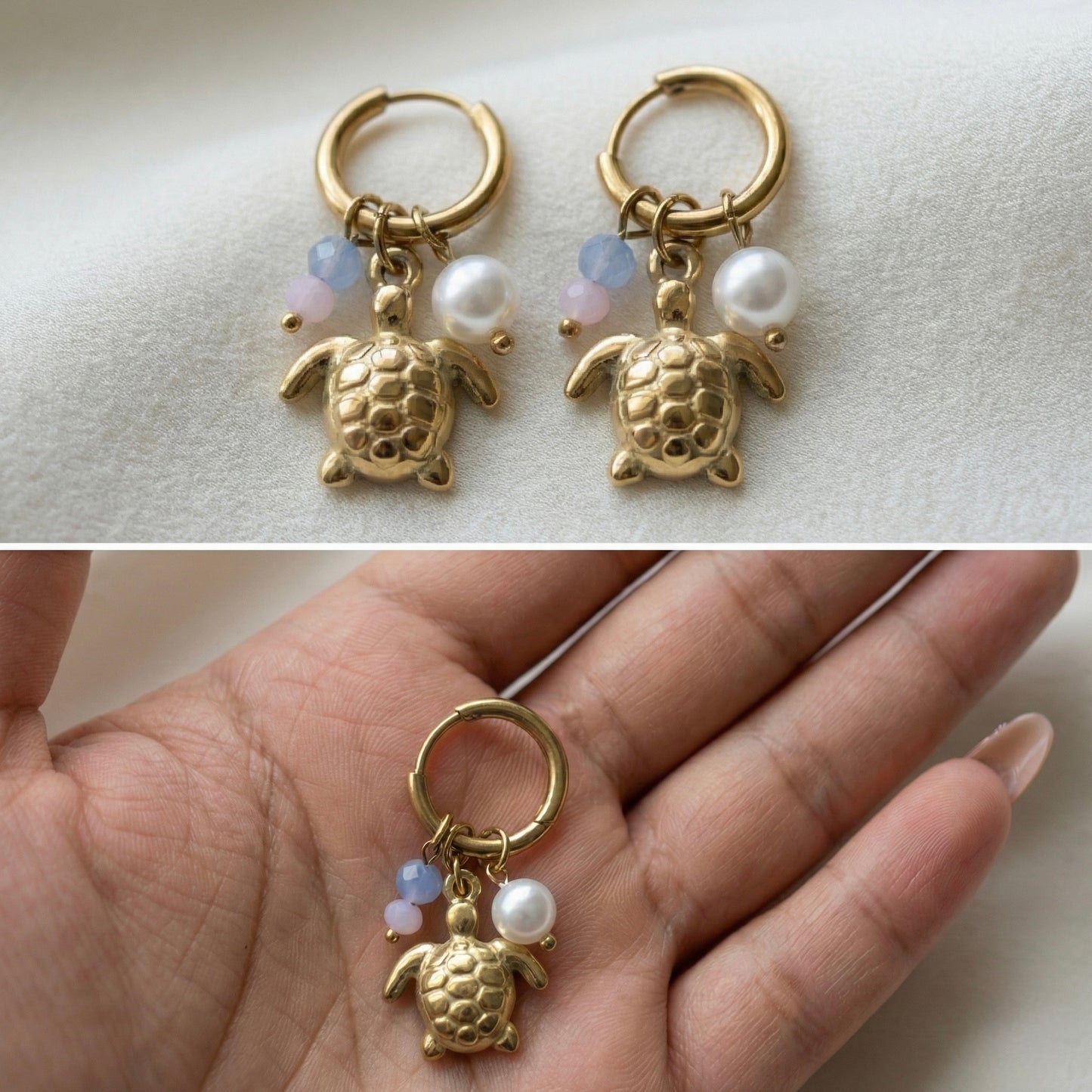 Golden Turtle Charm Hoop Earrings with Pearl & Pastel Beads